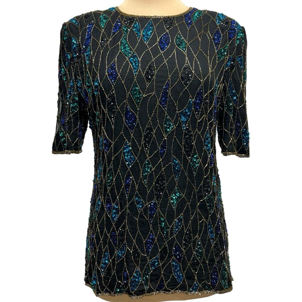 Vintage Scala Sequin Beaded Silk Top Black Blue Teal Gold 1X Formal Evening